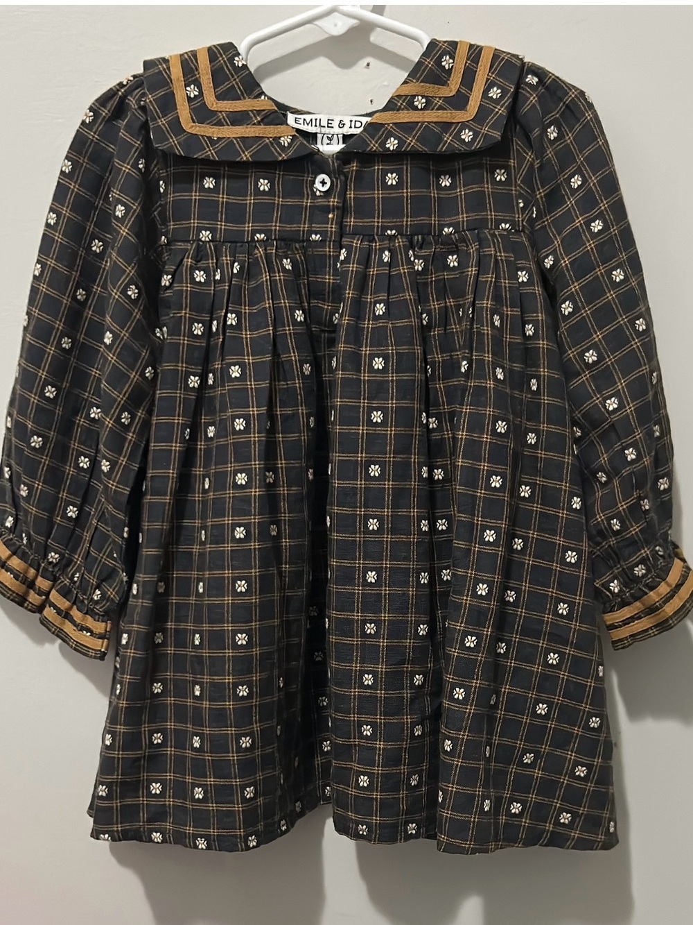 Emile et Ida Navy Plaid Dress with Gold Trim
